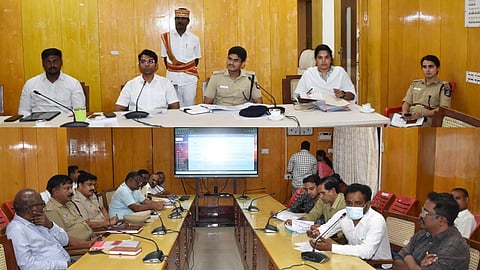 ஆய்வுக்கூட்டத்தில் பேசிய விழுப்புரம் ஆட்சியா் ஷேஷேக் அப்துல்ரஹ்மான். உடன் எஸ்.பி வி.வி.சாய் பிரனித் உள்ளிட்டோா்.