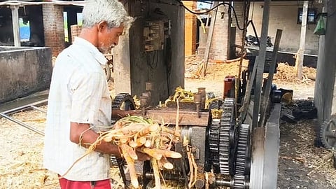 கரும்பில் இருந்து இயந்திரம் மூலம் சாறு எடுக்கும் பணி.