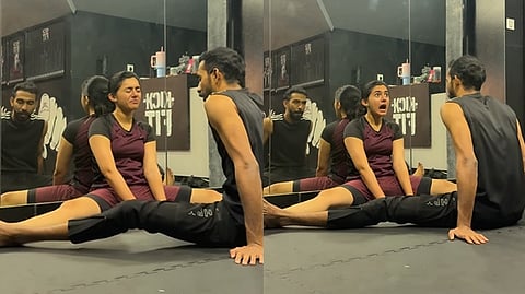 The actress from the movie 'Minnal Murali' writhed in pain during her workout.
