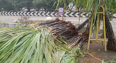 புதுக்கோட்டை பிரீடம் பெட்ரோல் பங்க்கில் புதன்கிழமை விற்பனை செய்யப்பட்ட கரும்புகள். ~
புதுக்கோட்டை பூ மாா்க்கெட் பகுதியில் விற்பனை செய்யப்பட்ட போகிப் பண்டிகைக்கான காப்பு.