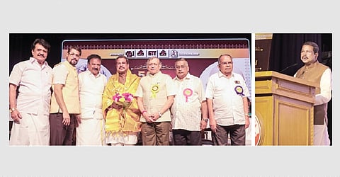 சென்னை நாரத கான சபாவில் புதன்கிழமை நடைபெற்ற துக்ளக் வார இதழின் 56}ஆம் ஆண்டு நிறைவு விழாவில் சிறப்பு அழைப்பாளராக கலந்துகொண்ட மத்திய கல்வி அமைச்சர் தர்மேந்திர பிரதானுக்கு பூங்கொத்து கொடுத்து சிறப்பித்த துக்ளக் இதழின் ஆசிரியர் எஸ்.குருமூர்த்தி. உடன், தமிழ்நாடு காங்கிரஸ் மூத்த தலைவர் திருச்சி பி.வேலுச்சாமி, துக்ளக் இதழின் எண்ம (டிஜிட்டல்) பிரிவு நிர்வாக இயக்குநர் ஸ்ரீதர் காமகோடி, தமிழக பாஜக பொதுச் செயலர் இராம.சீனிவாசன், துக்ளக் தலைமை செய்தியாளர் ரமேஷ், செய்தி ஆசிரியர் மதலை. (வலது) விழாவில் பேசிய மத்திய கல்வி அமைச்சர் தர்மேந்திர பிரதான்.