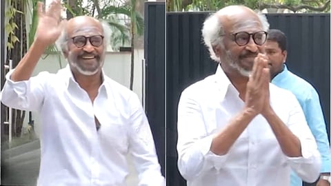 வீட்டின் முன் குவிந்த ரசிகர்களுக்கு வாழ்த்துத் தெரிவித்த நடிகர் ரஜினிகாந்த்.