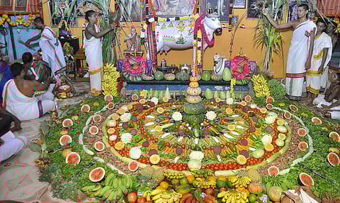 மாட்டு பொங்கலையொட்டி, புதுச்சேரி கருவடிக்குப்பம் இடையான்சாவடி சாலையில் உள்ள ஸ்ரீகோமாதா கோயிலில் வெள்ளிக்கிழமை நடைபெற்ற சிறப்பு பூஜை.