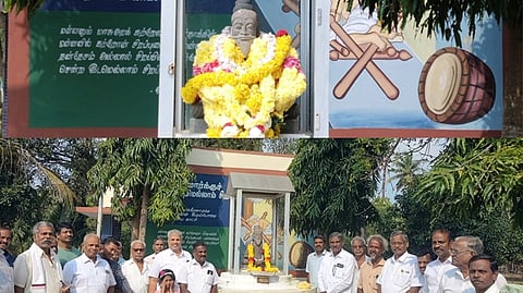 திருவள்ளுவர் சிலைக்கு திருவள்ளுவர் தமிழ்ப் பேரவையின் சார்பாக மலர் மாலை அணிவித்து மரியாதை செலுத்தப்பட்ட நிகழ்வில் பங்கேற்றோர் .