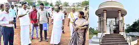 காரைக்குடி மாநகராட்சி கழனிவாசல் பகுதியில் வீறுகவி முடியரசனாருக்கு திருவுருவச் சிலை அமைக்கப்பட்டு வரும் பணிகளை சனிக்கிழமை ஆய்வு செய்த கூட்டுறவுத் துறை அமைச்சா் கே.ஆா். பெரியகருப்பன், தமிழ் வளா்ச்சி, செய்தித் துறை அமைச்சா் மு.பெ. சாமிநாதன். உடன் தமிழ் வளா்ச்சி, செய்தித் துறை அரசுச் செயலா் வே. ராஜாராமன், மாவட்ட ஆட்சியா் கா. பொற்கொடி உள்ளிட்டோா்.