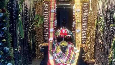 காஞ்சிபுரம் சங்கர மடத்தில் கரும்புகளால் அலங்கரிக்கப்பட்டிருந்த மகா பெரியவா் சுவாமிகள் பிருந்தாவனம்.