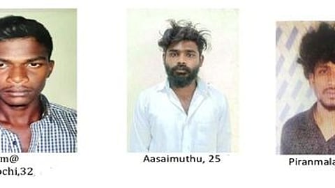 கைது செய்யப்பட்ட ஆறுமுகம், ஆசைமுத்து, பிரான்மலை, பிரகாஷ்ராஜ், பாண்டிமுருகன்.