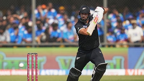 New Zealand's Daryl Mitchell plays a shot during the third One Day International cricket match between India and New Zealand in Indore, India