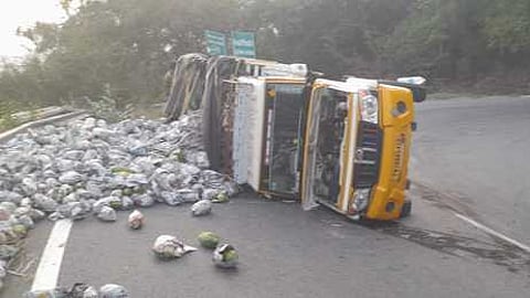 திம்பம் மலைப் பாதையில் விபத்துக்குள்ளான சரக்கு வேனில் இருந்து சிதறிக்கிடந்த பப்பாளி பழம்