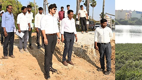 காக்களூா் ஏரியில் புனரமைப்பு, கட்டுமானப் பணிகள்