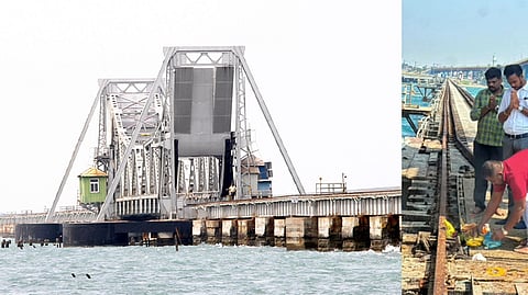 பாம்பன் கடலில் உள்ள பழைய ரயில் பாலத்தை அகற்றும் பணிக்காக வெள்ளிக்கிழமை நடைபெற்ற பூமி பூைஐ.