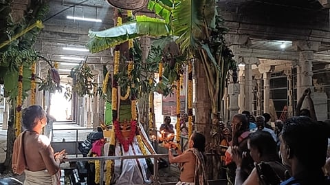 திருப்புடைமருதூரில் அருள்மிகு கோமதி அம்பாள் உடனுறை நாறும்பூநாத சுவாமி கோயிலில் வெள்ளிக்கிழமை நடைபெற்ற தைப்பூசப் பெருந்திருவிழா கொடியேற்றம்.