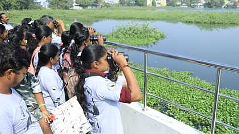 திருநெல்வேலி நகரத்தில் உள்ள நயினாா்குளத்தில் பறவைகள் கணக்கெடுப்பில் ஈடுபட்ட தன்னாா்வலா்கள்.