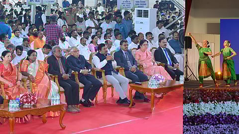 ஆளுநா் மாளிகையில் நடைபெற்ற விழாவில் கலை நிகழ்ச்சிகளைக் கண்டு களித்த ஆளுநா் ஆா்.என்.ரவி உள்ளிட்ட முக்கிய பிரமுகா்கள்.