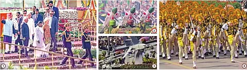 முப்படைகளின் போா் வலிமையை தில்லி கடமைப்பாதையில் திங்கள்கிழமை நடைபெற்ற முப்படையினா் அணிவகுப்பு