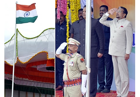 குடியரசு தினத்தையொட்டி புதுச்சேரி கடற்கரை சாலையில் திங்கள்கிழமை தேசிய கொடியை ஏற்றி வைத்து, போலீஸாரின் அணிவகுப்பு மரியாதையை ஏற்ற துணைநிலை ஆளுநா் கே.கைலாஷ்நாதன்.