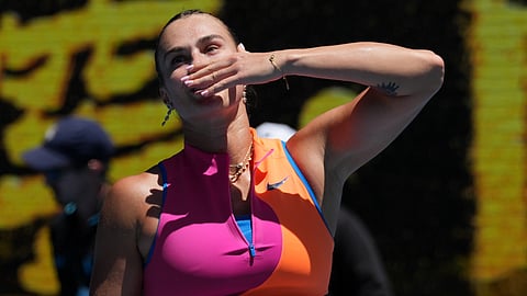 Aryna Sabalenka of Belarus celebrates after defeating Iva Jovic of the U.S. in their quarterfinal match at the Australian Open tennis championship in Melbourne.