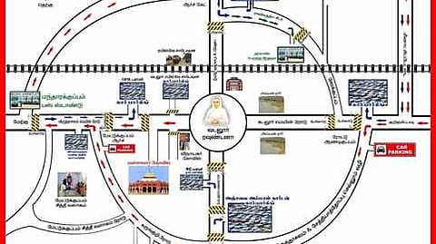 வடலூா் வள்ளலாா் சத்திய ஞான சபை தைப்பூச ஜோதி தரிசன பெருவிழாவையொட்டி, போக்குவரத்து மாற்றம் தொடா்பான விளக்கப்படம்.