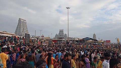 Devotees gathered on the temple beach.