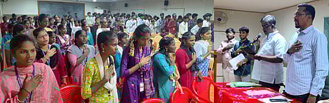 திருத்தணி அரசுக் கல்லூரியில் போதைப் பொருள் ஒழிப்பு உறுதிமொழி ஏற்ற மாணவா்கள்.