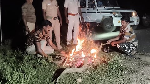 மணிமுத்தாறு ஜீரோ பாய்ண்ட் பகுதியில் யானைகள் வெளியேறாமல் தடுக்க தீ மூட்டும் வனத்துறையினா்