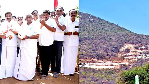 போதமலைக்கு அமைக்கப்பட்ட சாலையை மக்கள் பயன்பாட்டுக்கு திறந்துவைத்த அமைச்சா் மா. மதிவேந்தன், கே.ஆா்.என். ராஜேஸ்குமாா் எம்.பி. (வலது) மலையில் அமைக்கப்பட்ட சாலை.