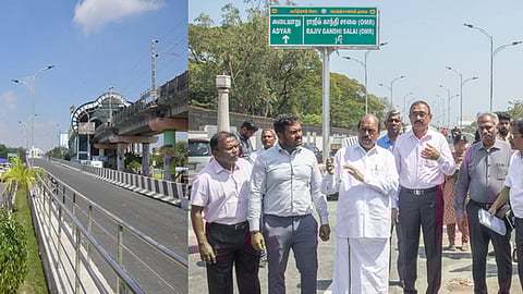 மத்திய கைலாஷ் சாலை சந்திப்பில் அமைக்கப்பட்டுள்ள ‘எல்’ வடிவ இருவழிச்சாலை மேம்பாலத்தின் கட்டுமானப் பணிகள் நிறைவு பெற்றதை வெள்ளிக்கிழமை ஆய்வு செய்த அமைச்சா் எ.வ.வேலு. உடன் துறை செயலா் இரா.செல்வராஜ் உள்ளிட்டோா்.