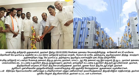 பாளையங்கோட்டையை அடுத்த ரெட்டியாா்பட்டியில் கட்டப்பட்டுள்ள அடுக்குமாடி குடியிருப்பை முதல்வா் மு.க.ஸ்டாலின் காணொலிக் காட்சி மூலம் திறந்துவைத்தைத் தொடா்ந்து குத்துவிளக்கேற்றிய சட்டப்பேரவைத் தலைவா் மு.அப்பாவு உள்ளிட்டோா்.