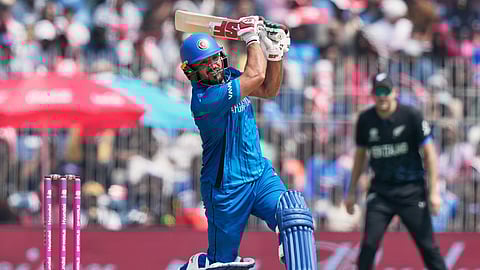 Afghanistan's Gulbadin Naib plays a shot during the T20 World Cup cricket match between Afghanistan and New Zealand in Chennai