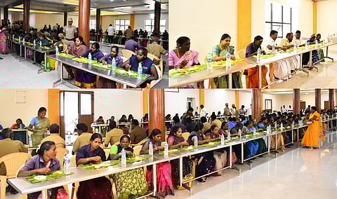 தூய்மைப் பணியாளா்களுடன் உணவு அருந்திய ஆட்சியா் க.சிவசௌந்திரவல்லி, எம்எல்ஏ அ.நல்லத்தம்பி உள்ளிட்டோா்.