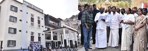 விடுதி பணிகளை ஆய்வு செய்த பொதுப்பணித்துறை அமைச்சா் எ.வ.வேலு. உடன், ஆட்சியா் வி.ஆா்.சுப்புலட்சுமி, சட்டப்பேரவை உறுப்பினா் ப.காா்த்திகேயன், மேயா் சுஜாதா ஆனந்தகுமாா் உள்ளிட்டோா்.