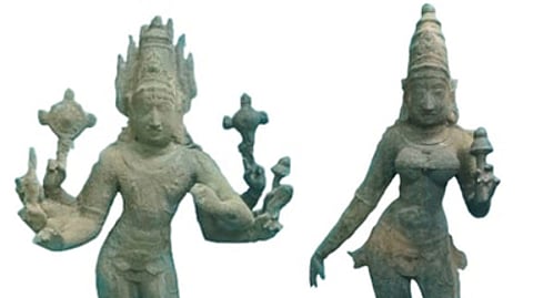 தமிழக சிலை கடத்தல் தடுப்பு பிரிவால் பறிமுதல் செய்யப்பட்ட சுதா்சனா் என்கிற விஷ்ணு மற்றும் தேவி உலோக சிலை.