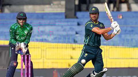 Australia's Marcus Stoinis plays a shot during the T20 World Cup cricket match between Australia and Ireland in Colombo, Sri Lanka, Wednesday, Feb. 11, 2026. (AP Photo/Eranga Jayawardena)