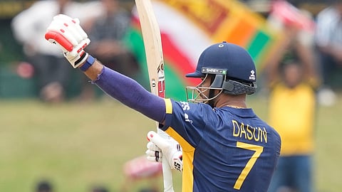 Sri Lanka's captain Dasun Shanaka celebrates his fifty runs during the T20 World Cup cricket match between Oman and Sri Lanka in Pallekele, Sri Lanka, Thursday, Feb. 12, 2026. (AP Photo/Eranga Jayawardena)