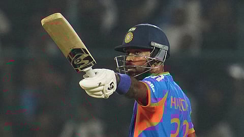 Hardik Pandya celebrates after scoring a half-century