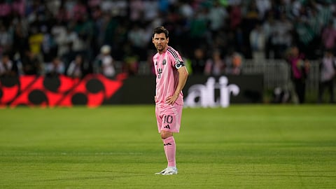 Inter Miami's Lionel Messi stands on the pitch during an international friendly soccer match against Colombia's Atletico Nacional in Medellin, Colombia, Saturday, Jan. 31, 2026. (AP Photo/Fernando Vergara)