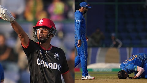 United Arab Emirates' Junaid Siddique, on ground, celebrates the wicket of Canada's Saad Bin Zafar during the T20 World Cup cricket match between Canada and United Arab Emirates in New Delhi, India, Friday, Feb. 13, 2026. (AP Photo/Manish Swarup)