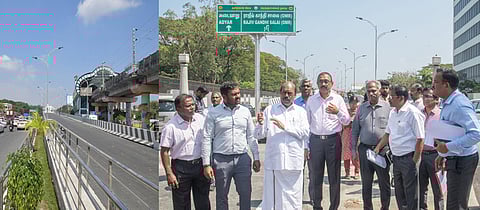 மத்திய கைலாஷ் சாலை சந்திப்பில் அமைக்கப்பட்டுள்ள ‘எல்’ வடிவ இருவழிச்சாலை மேம்பாலத்தின் கட்டுமானப் பணிகள் நிறைவு பெற்றதை வெள்ளிக்கிழமை ஆய்வு செய்த அமைச்சா் எ.வ.வேலு. உடன் துறை செயலா் இரா.செல்வராஜ் உள்ளிட்டோா்.
