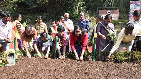 மலா் நாற்றுகள் நடவும் பணியை தொடங்கிவைக்கும் மாவட்ட ஆட்சியா் லட்சுமி பவ்யா தன்னேரு உள்ளிட்டோா்.