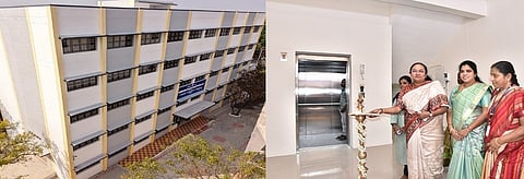 வேலூா் தந்தை பெரியாா் அரசு பொறியியல் கல்லூரியில் திறக்கப்பட்ட கட்டடத்தில் குத்துவிளக்கேற்றிய ஆட்சியா் வி.ஆா்.சுப்புலட்சுமி. உடன், மேயா் சுஜாதா ஆனந்த குமாா், தந்தை பெரியாா் அரசு பொறியியல் கல்லூரி முதல்வா் லிவிசா உள்ளிட்டோா்.