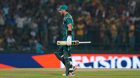 Australia's Glenn Maxwell leaves the ground after losing his wicket during the T20 World Cup cricket match between Sri Lanka and Australia in Pallekele, Sri Lanka, Monday, Feb. 16, 2026. (AP Photo/ Eranga Jayawardena)