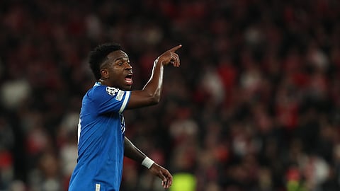 Real Madrid's Vinicius Junior argues after scoring the opening goal during a Champions League playoff soccer match between SL Benfica and Real Madrid in Lisbon, Portugal, Tuesday, Feb. 17, 2026. (AP Photo/Pedro Rocha)