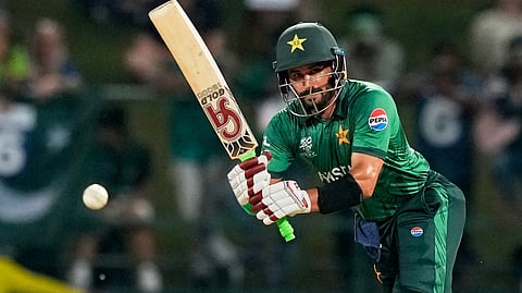 Pakistan's Sahibzada Farhan plays a shot during the T20 World Cup cricket match between England and Pakistan in Pallekele, Sri Lanka, Tuesday, Feb. 24, 2026. (AP Photo/Eranga Jayawardena)