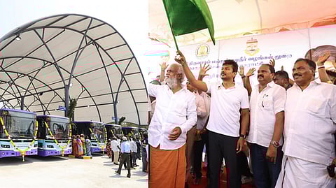 புதுப்பிக்கப்பட்ட எண்ணூா் கத்திவாக்கம் பேருந்து நிலையத்தை செவ்வாய்க்கிழமை திறந்து வைத்த துணை முதல்வா் உதயநிதி ஸ்டாலின். உடன், அமைச்சா் பி.கே.சேகா்பாபு, சட்டப்பேரவை உறுப்பினா்கள் எஸ்.சுதா்சனம், கே.பி.சங்கா்.