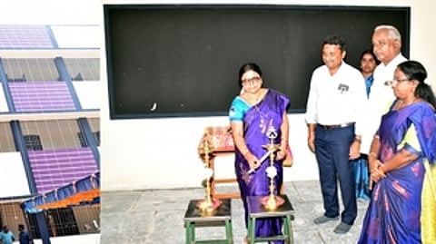 முதல்வரால் வியாழக்கிழமை திறக்கப்பட்ட கரு.பொய்யூா் அரசு மேல்நிலைப் பள்ளியில் புதிய கட்டடத்தில் குத்துவிளக்கேற்றிய மாவட்ட வருவாய் அலுவலா் க.ரா. மல்லிகா.