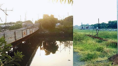 சென்னை தீவுத்திடலை இணைக்கும் வகையில் கூவம் ஆற்றின் மேல் அமைக்கப்பட்டுள்ள தாற்காலிக மரப்பாலம்.