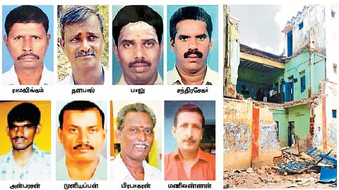 இடிந்து விழுந்த பொறையாறு அரசுப் போக்குவரத்துக் கழகப் பணிமனையின் ஒரு பகுதி.