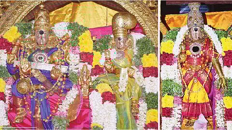 மதுரை அருள்மிகு மீனாட்சி சுந்தரேசுவரர் கோயில் ஆவணி மூலத் திருவிழாவில் திங்கள்கிழமை தருமிக்கு பொற்கிழி கொடுத்த லீலையில் வீதியுலா வந்து அருள்பாலித்த சுந்தரேசுவரர் -பிரியாவிடை அருள்மிகு மீனாட்சி அம்மன்.