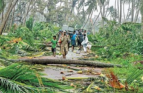 ஆந்திர மாநிலம் ஸ்ரீகாகுளம் நகரின் பருவா கிராமத்தில் டிட்லி புயலால் வேரோடு சாய்ந்த மரங்களைக் கடந்து பாதுகாப்பான இடத்துக்கு தங்களது உடைமைகளுடன் செல்லும் மக்கள்.
