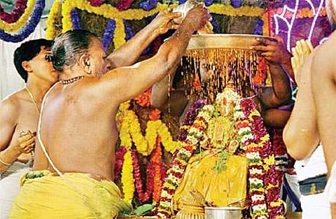 பத்மாவதி தாயாருக்கு நடைபெற்ற ஸ்நபன திருமஞ்சனம்.